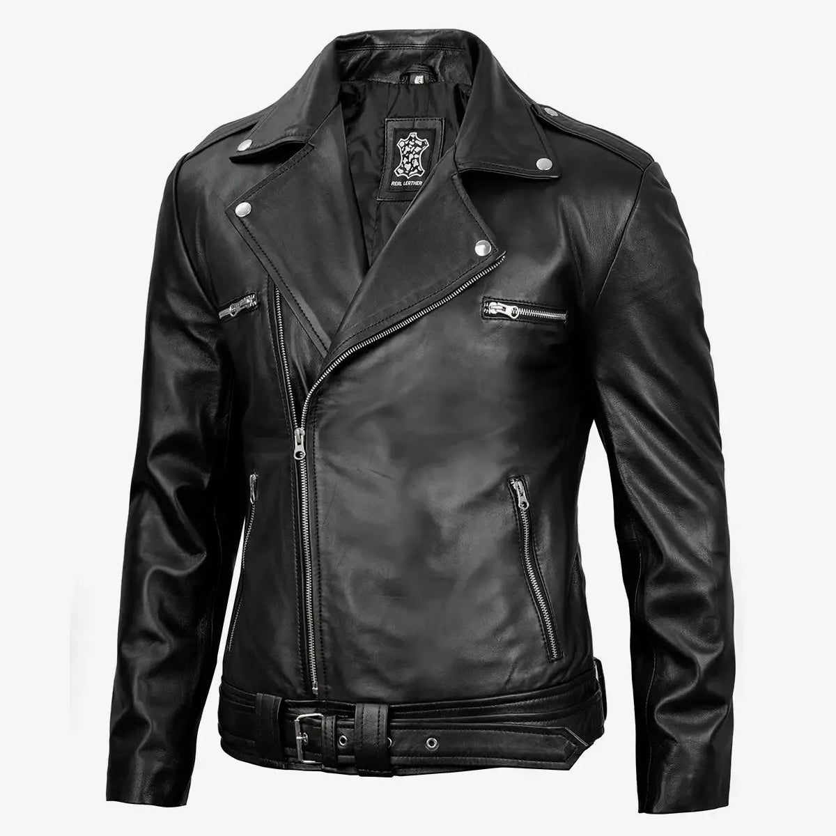 Black Asymmetrical Belted Moto Leather Jacket for Men 2