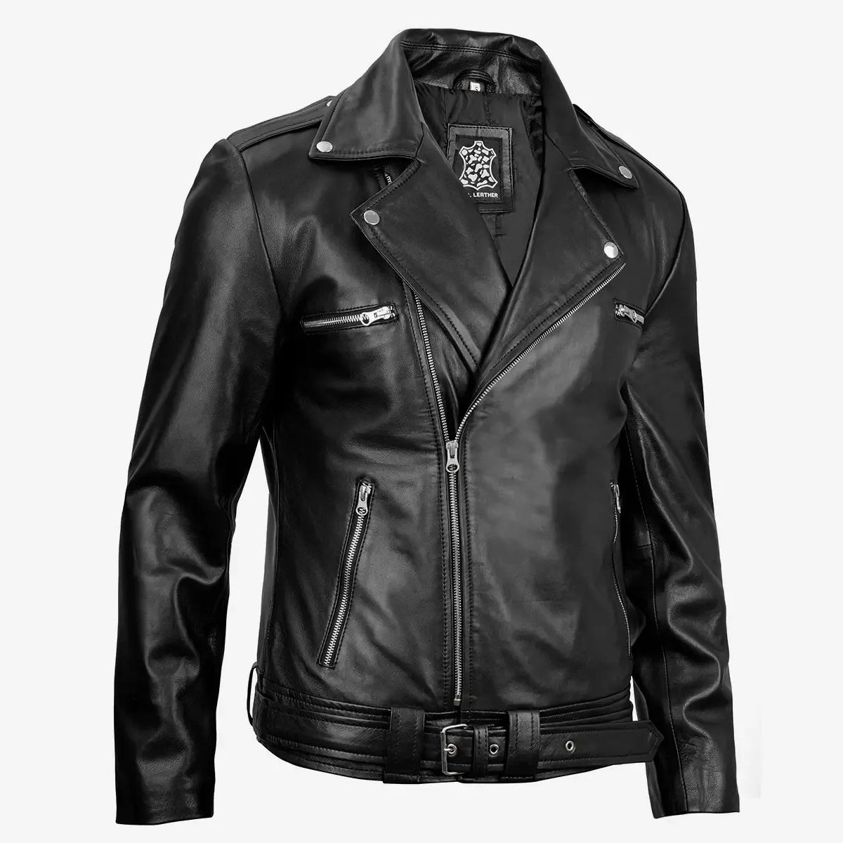 Black Asymmetrical Belted Moto Leather Jacket for Men 3