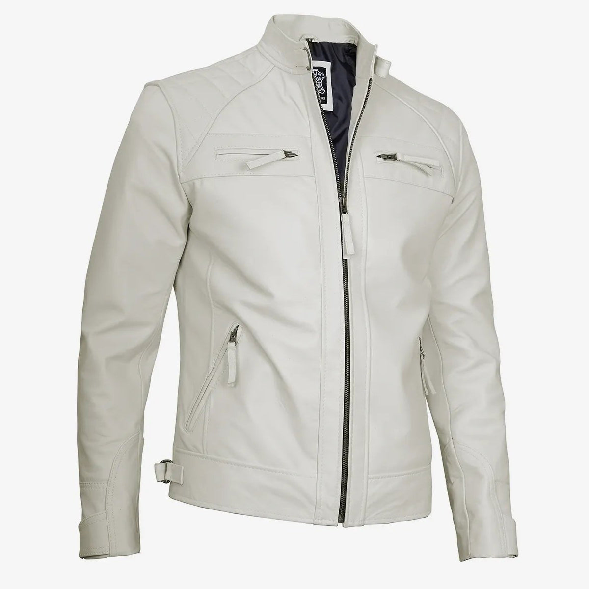 Mens Quilted Shoulder Off White Cafe Racer Leather Jacket 3